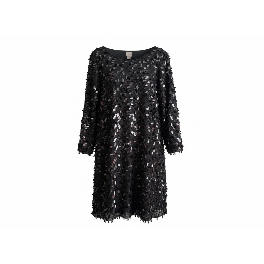 Chicos Boat Neck Drop Sequin 3/4 Sleeve Knee Length Dress ALL Black SZ 3 XL NEW